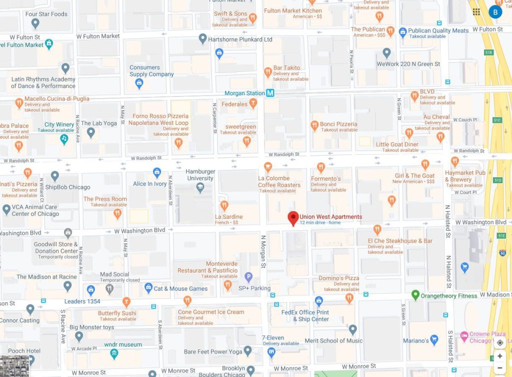 A map of restaurants in the neighborhood surrounding Union West luxury apartments