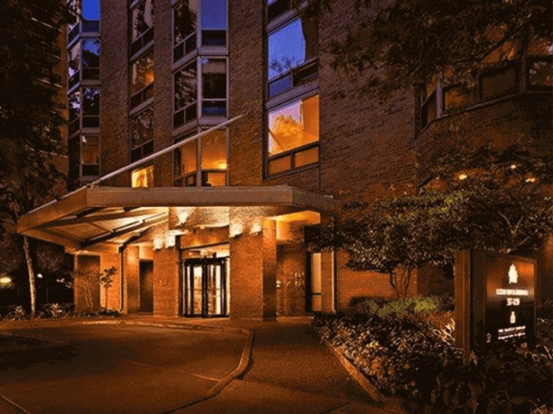 Outdoor Exterior shot at night of Elm Street Plaza Entrance