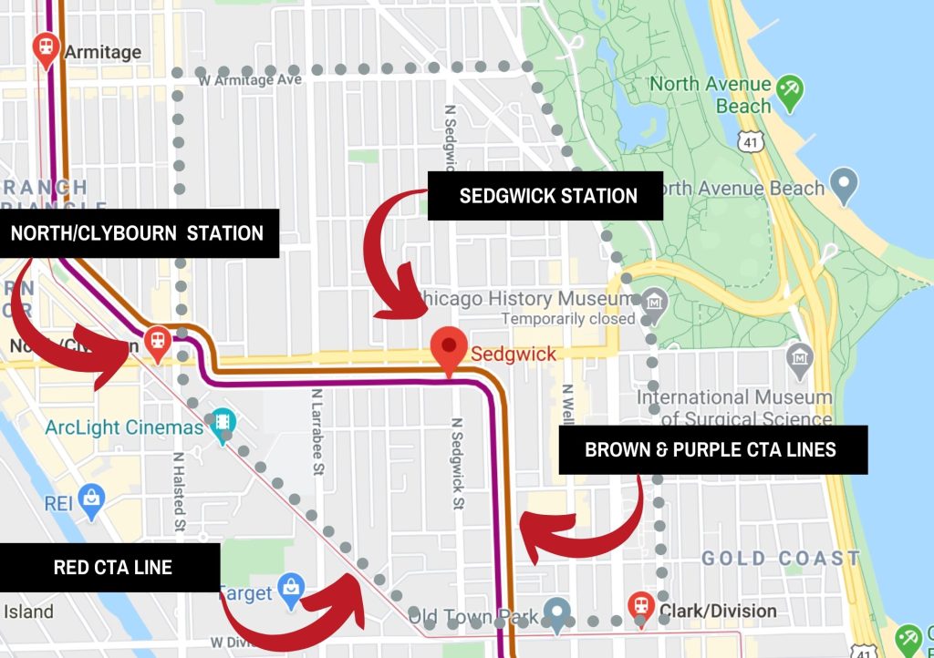 Map of the subway lines in Chicago's Old Town neighborhood