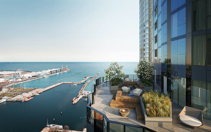 Lake view of Chicago skyline from Cascade's terrace. Cascade is a luxury apartment in Chicago's Lakeshore East neighborhood.
