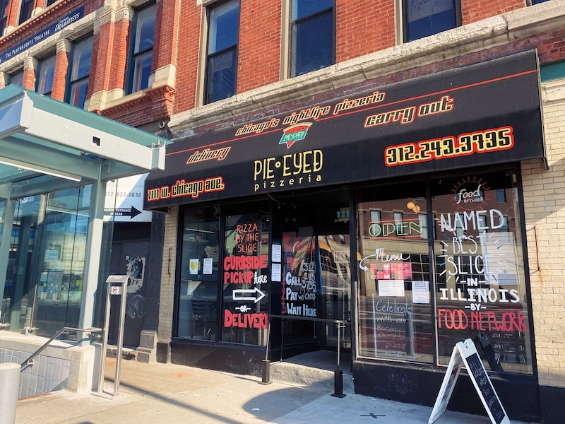 A photo of Pie Eyed Pizzeria, a famous (and delicious) restaurant located in Chicago's River West neighborhood.